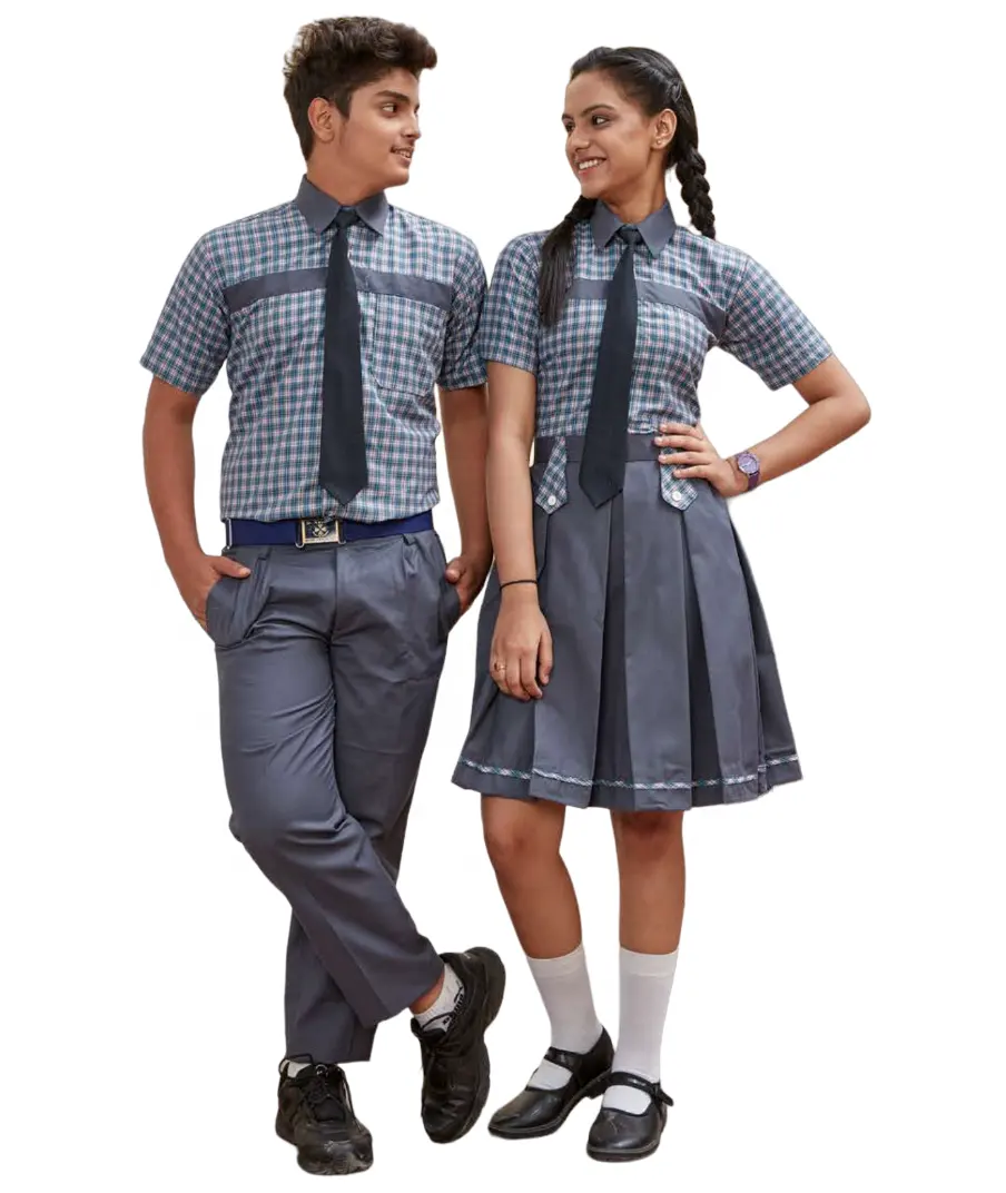 Conjunto de uniformes escolares de manga corta hecho a medida estudiante de secundaria niños y niñas conjunto de vestido gris