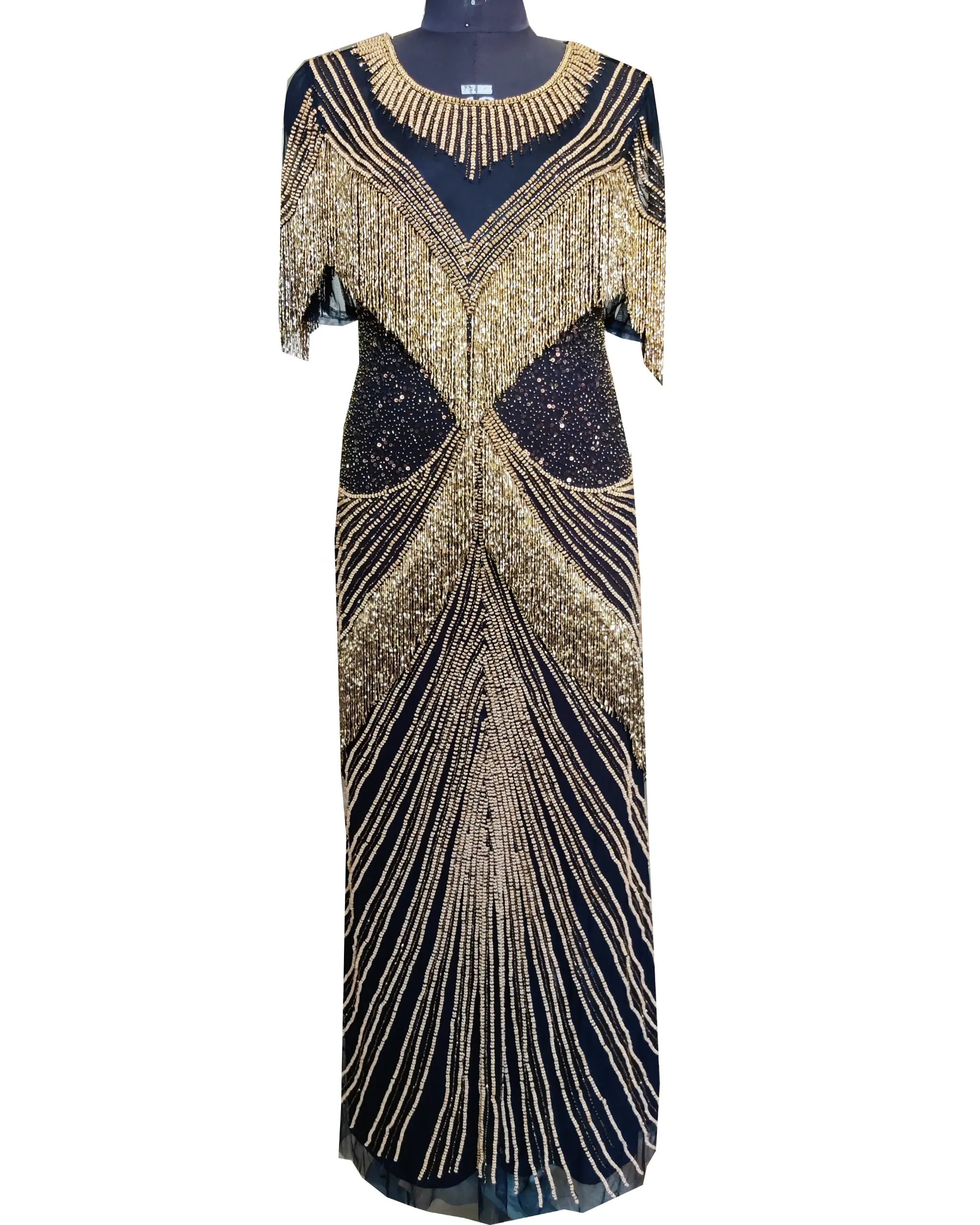 Çok güzel mısır tasarım el işlemeli saçaklı tasarım akşam parti elbise