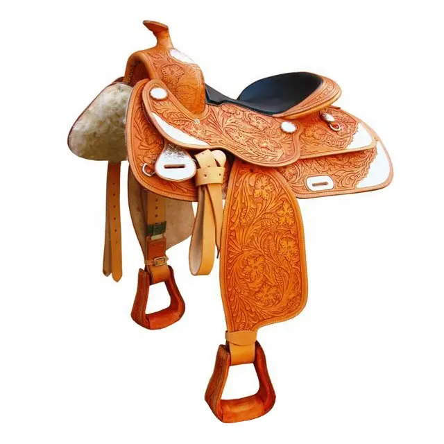 Selle Western en cuir sculptée à la main avec raccord en argent.