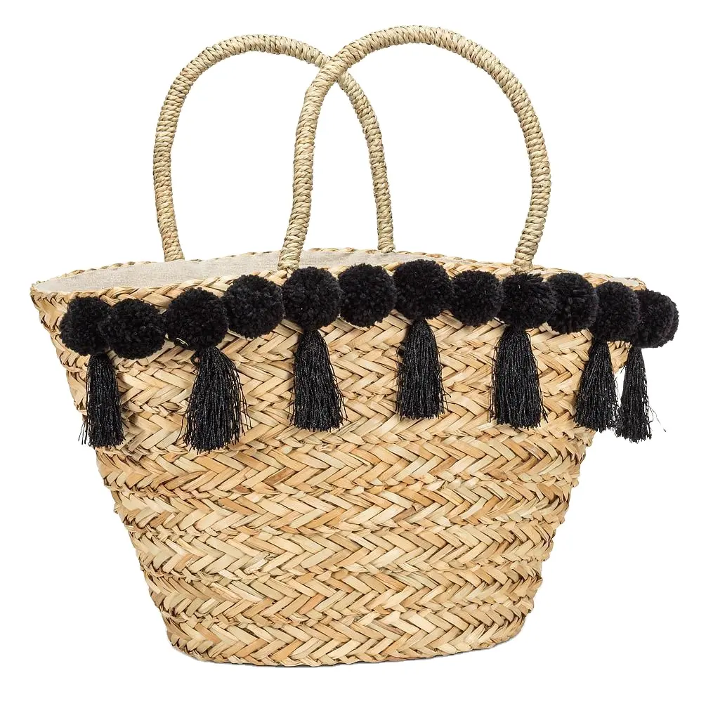 Shopper handgemachte gewebte Stroh Rattan Tasche mit schwarzen Pom Pom großen Wasser Hyazinthe Strand tasche