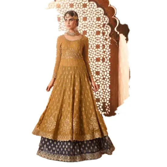 Vestido largo étnico paquistaní para mujer, traje y bata de manga larga tipo Salwar, vestido pesado de estilo Kurti, platzo y Shrara