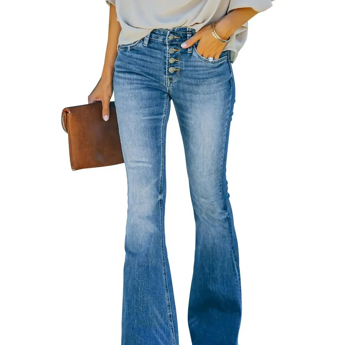 Calça jeans feminina flare Bell bottom cintura alta perna larga calça jeans elástica