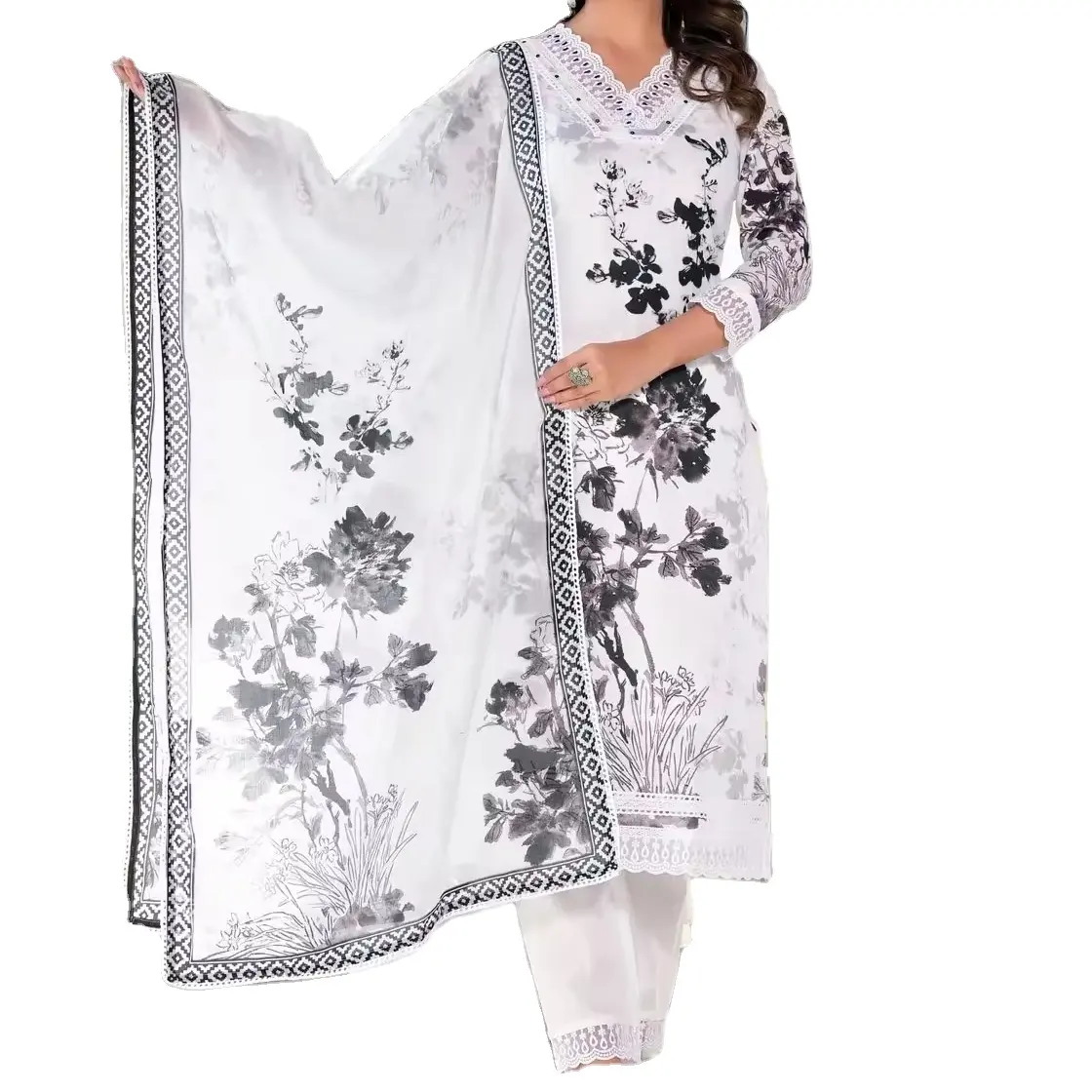 Últimos vestidos de verano para mujer, conjunto Kurti-Pent de algodón blanco cosido | Fabricación de ropa elegante para niñas de nuevo diseñador de la India |