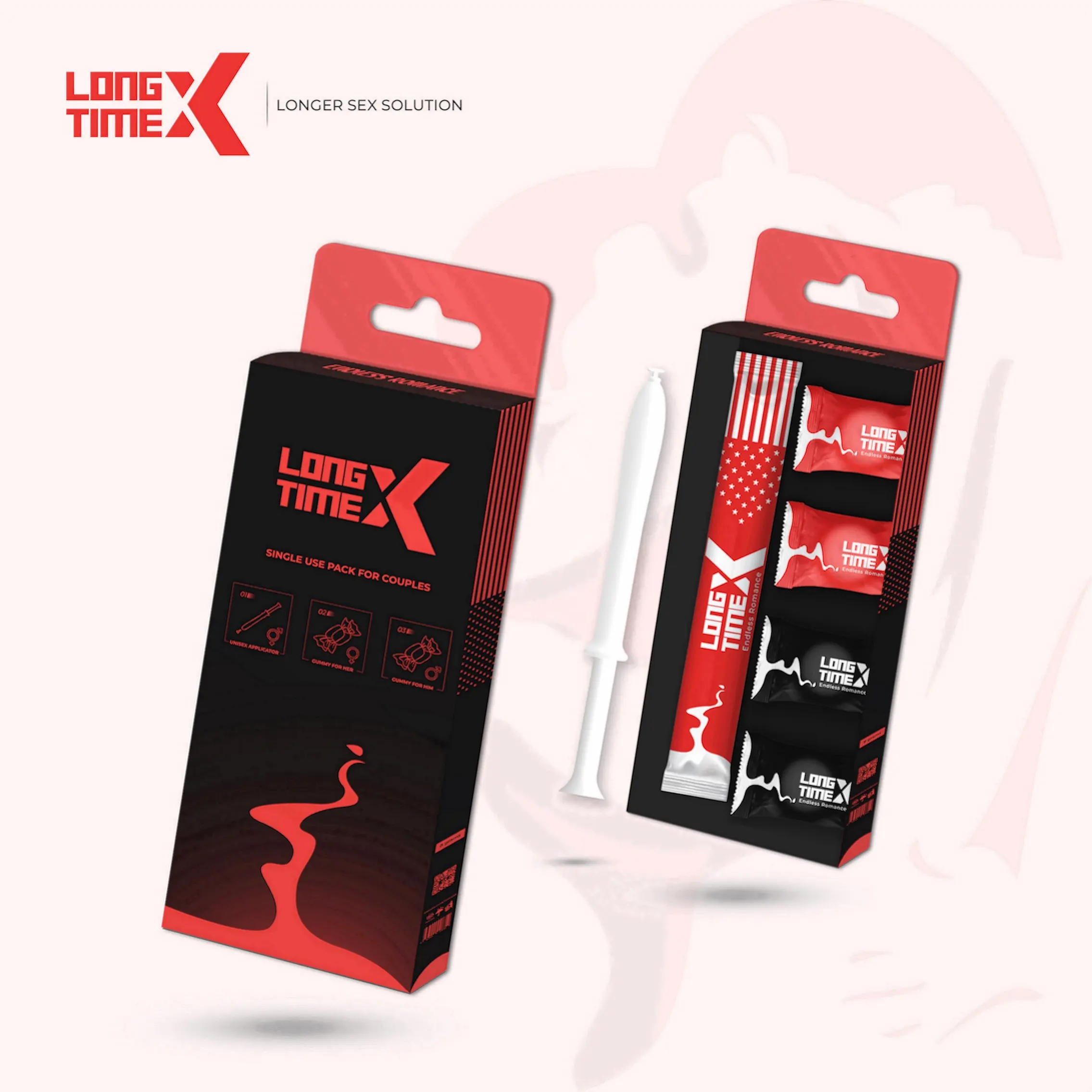 צילום אריזה חדש עם ביצועים של LongtimeX של ג'ל סיכה וגומי בריאות לסקס זוגי; טיפול במוצר למכירה חמה 2024