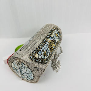 Handmade Modern Boho Ethnic Mother Pearl Mosaic Colorful <strong>Inlay</strong> Polished Sculpture Handmade Metal Cylindrical Clutch Bag Evening - Product Image 5