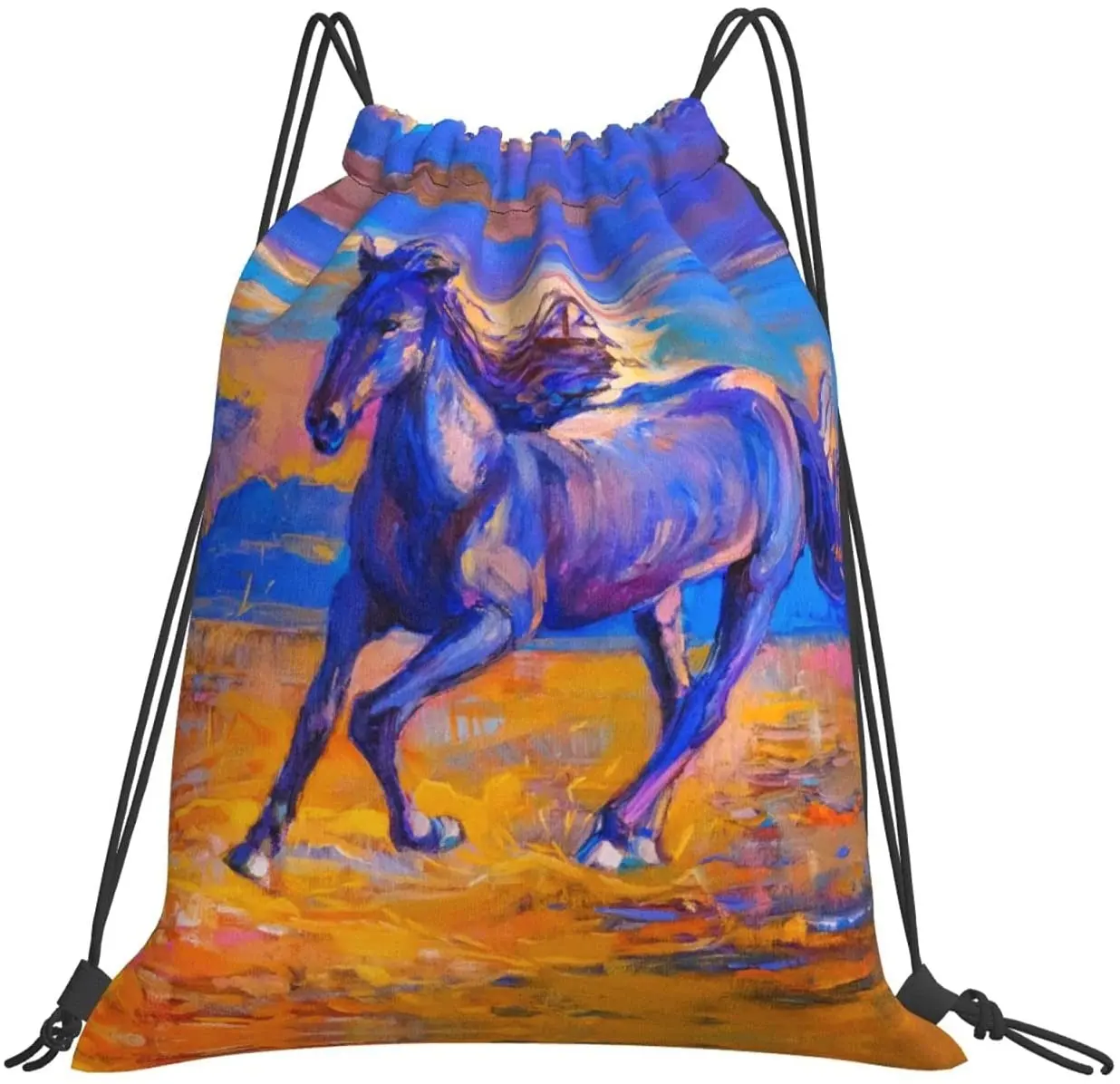 Mochila de cordão infantil com estampa de cavalos, elegante, mochila de grande capacidade, esportiva, yoga, academia, bolsa para meninos e meninas