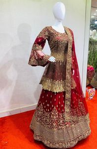 Exclusive Luxurious Wedding Ensemble Net <strong>Short</strong> Trail Cut Lehenga All-Over Jarkan Stone Work Heavy Flair Dressed Elegant Fabric - Product Image 5