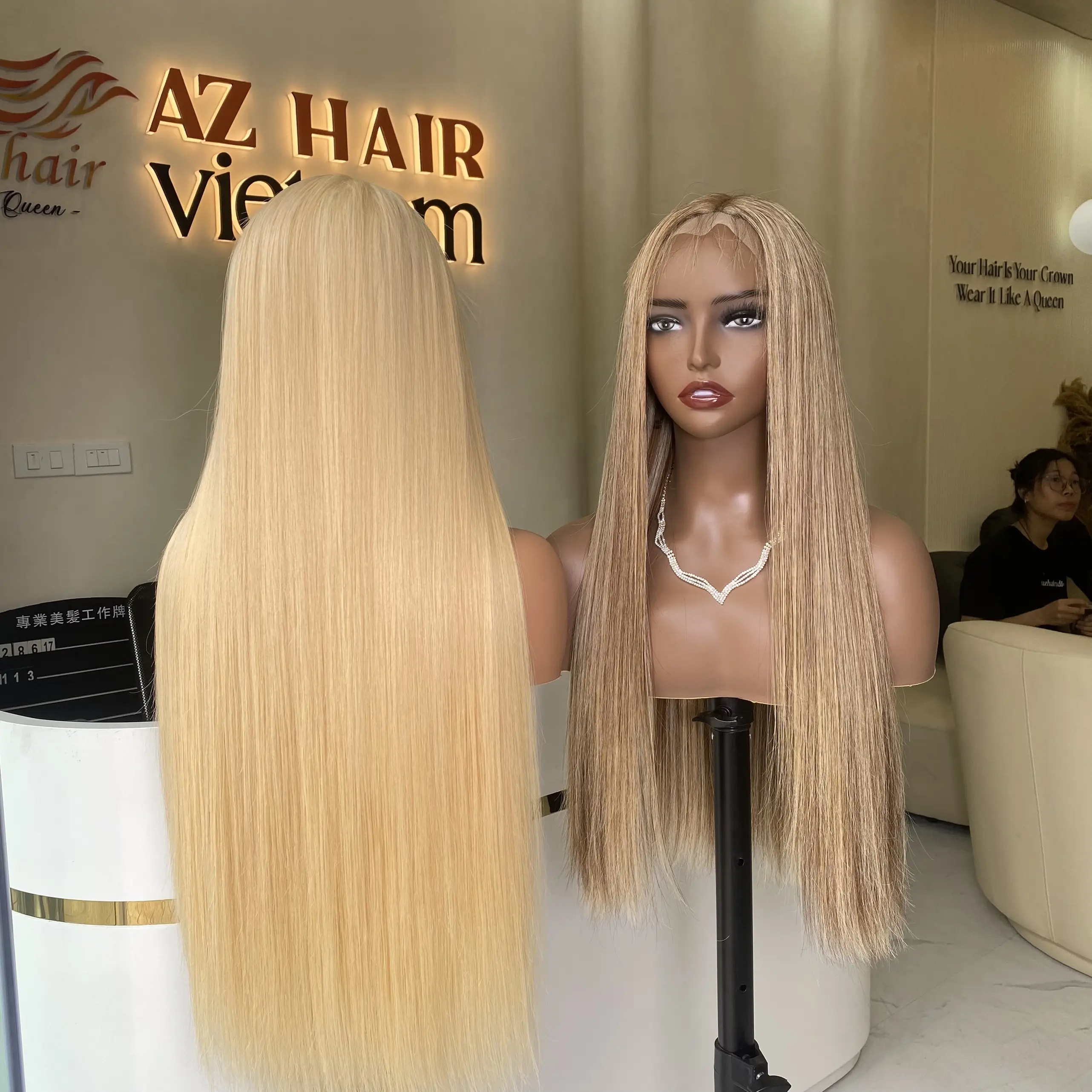 Wig renda lurus produk teratas ekstensi rambut manusia pirang warna penuh grosir rambut Vietnam