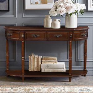 52-Inch Retro kavisli kiraz katı ahşap konsol masa 2 çekmeceler açık raf 52-Inch dairesel yarım ay kanepe masa oturma odası için - Product Image 3