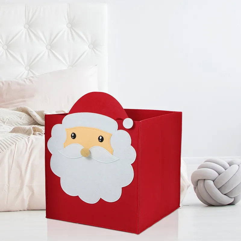 Upin cuadrado personalizado plegable Navidad tema niños fieltro rojo Santa Claus cesta de almacenamiento de Juguetes