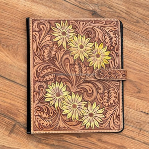 Mão-Tooled Carteira De Couro Floral Planejador De Girassol Ocidental Almofada Legal <span class=keywords><strong>Notebook</strong></span> Envelope Binder Novas Capas De Jornal Floral