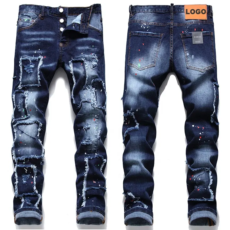 Großhandel Männer Custom Logo Jeans Plus Size Herren Ripped Denim Slim Baggy Stacked Hosen Skinny Flare Jeans Hosen für Männer
