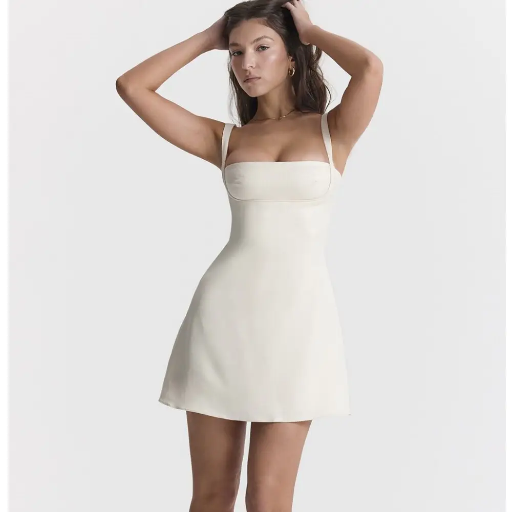 Nova Moda V Suspender Slim Dress 2023 Elegante Rayon Sem Mangas Branco Magro Solto Mini Partido Vestido