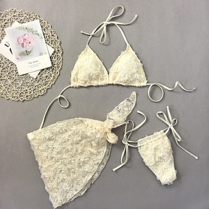 Kadın 3-Piece Set 5 renk üçgen üst ped Bikini brezilyalı arsız mayo plaj için Sarong CoverUp katı 3D çiçek desen yıkanmış - Product Image 4