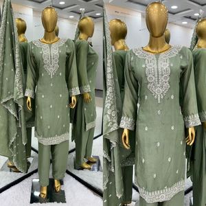 LATEST CHINON SILK EMBROIDERY WORK TOP <strong>BOTTOM</strong> WITH DUPATTA GREEN - Product Image 4