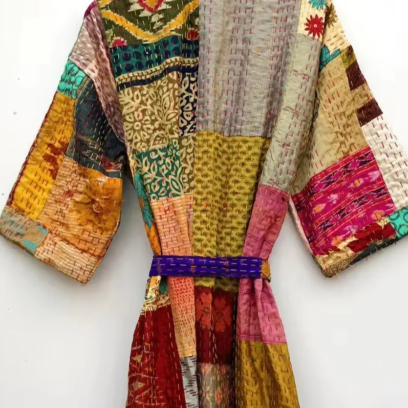 New Arrival Multi color Silk Kantha Patchwork dressing gown Silk Kantha jacket Ethnic Women Wear Bathrobe Jacket Maxi Dress