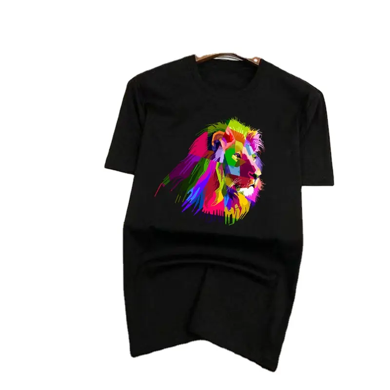 Camiseta de hombre con dibujo de colores, estampado de león/Tigre, musculoso, negro, talla grande, camiseta cruzada de manga corta, 100% algodón, 2023