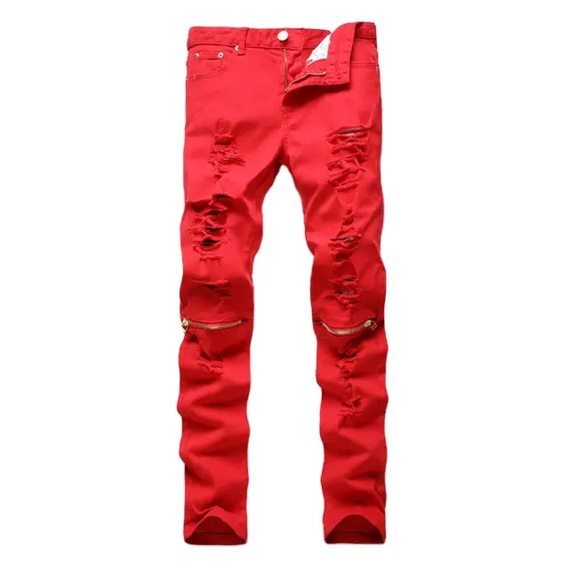 Nuovi pantaloni di Jeans strappati neri bianchi rossi jeans da motociclista con cerniera sul ginocchio Jeans da uomo strappati strappati Skinny Slim jeans di cotone