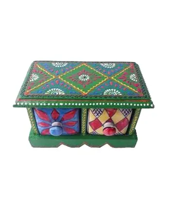 Boîte de rangement en bois à 2 tiroirs pour épices et bijoux, séparateur de tiroir de stockage indien par artisanat de qualité, vente en gros