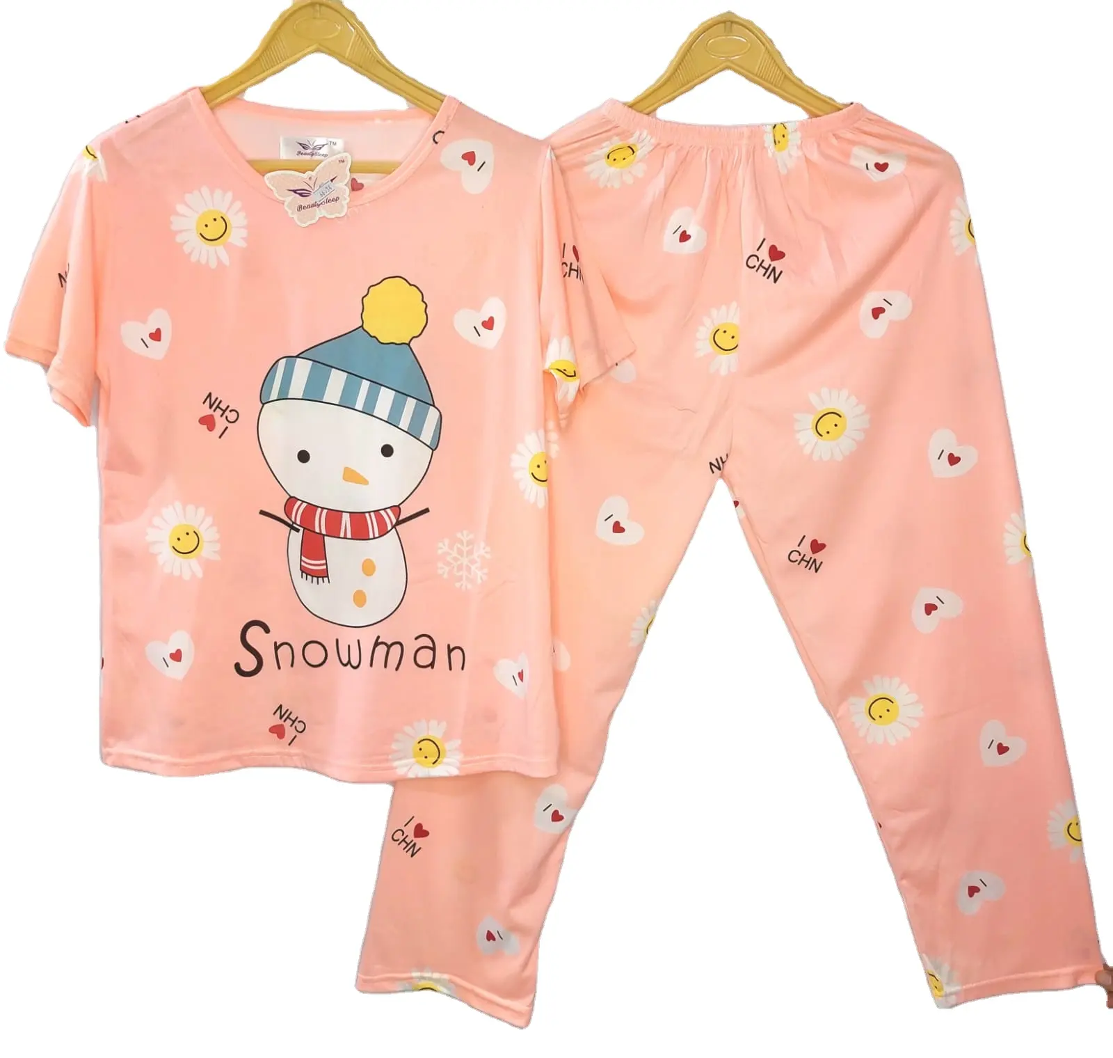 Conjunto de pijama de seda para niñas y mujeres, ropa de dormir de manga corta, suelta, de 2 piezas, con estampado, venta al por mayor