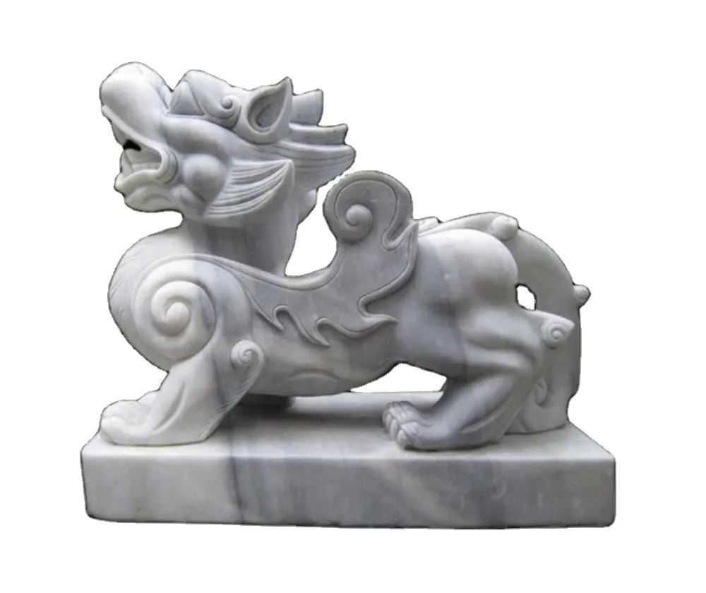 Estatua de perro dragón Pi xiu de mármol blanco tallado a mano, estatua feng shui pixiu, estatua de piedra pixiu