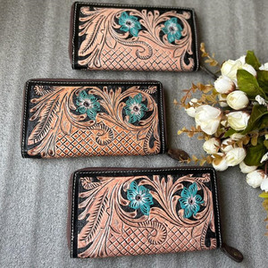 Hand Tooled Turquoise Flower Leather Wallet Stylish Genuine Leather Zip <strong>Continental</strong> Purse Western Clutch Card Case Gifts for Her - Product Image 3