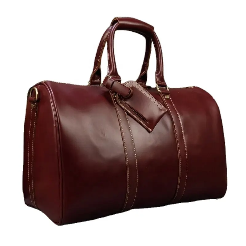 Brand Name Famous Genuine Leather Men's Travel Wine Red Smooth Natural Cow skin Duffle Bag For Male Latest Style MBF-0009