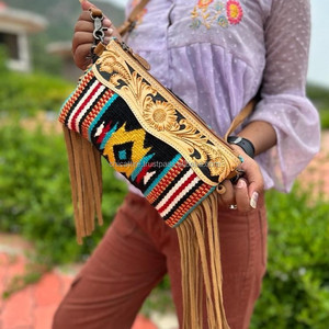 Yeni batı şık Saddled battaniye Tooled deri askılı çanta yüksek kalite aztek deri Crossbody çanta Vintage çok renkli çanta - Product Image 3