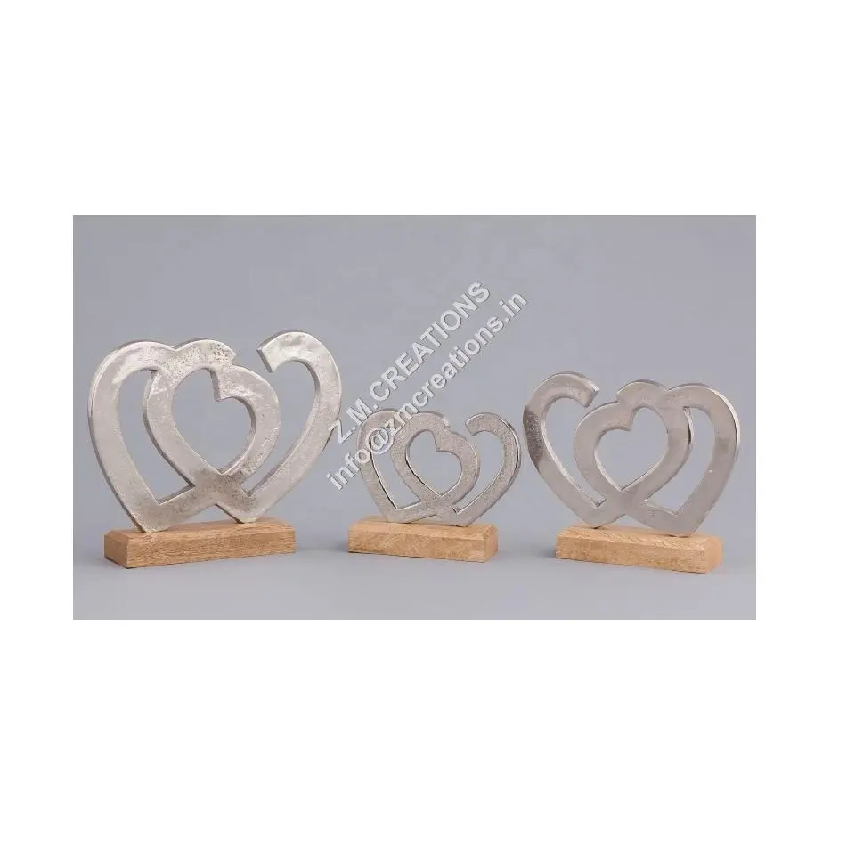 Escultura do coração Figura Mango Wood Base Set Of 3 Venda Quente de Natal E Decoração Home Itens Cor Prata Alumínio Metal