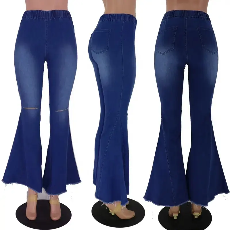 Sino Jeans Inferior para As Mulheres Jeans De Cintura Alta Stretch Flare Classic Ripped Blue Denim Calças
