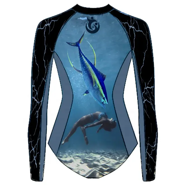 Tuna fish swimming girl surfing diver neoprene custom sublimation suit