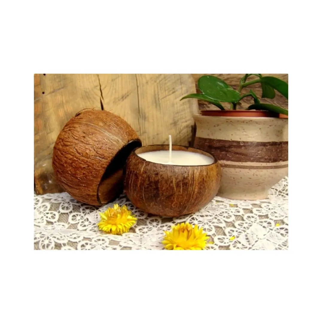 Romantic Hand Poured Vanilla or Coconut Scented Bean Soy Wax Candle in Real Coconut Shell Vietnam