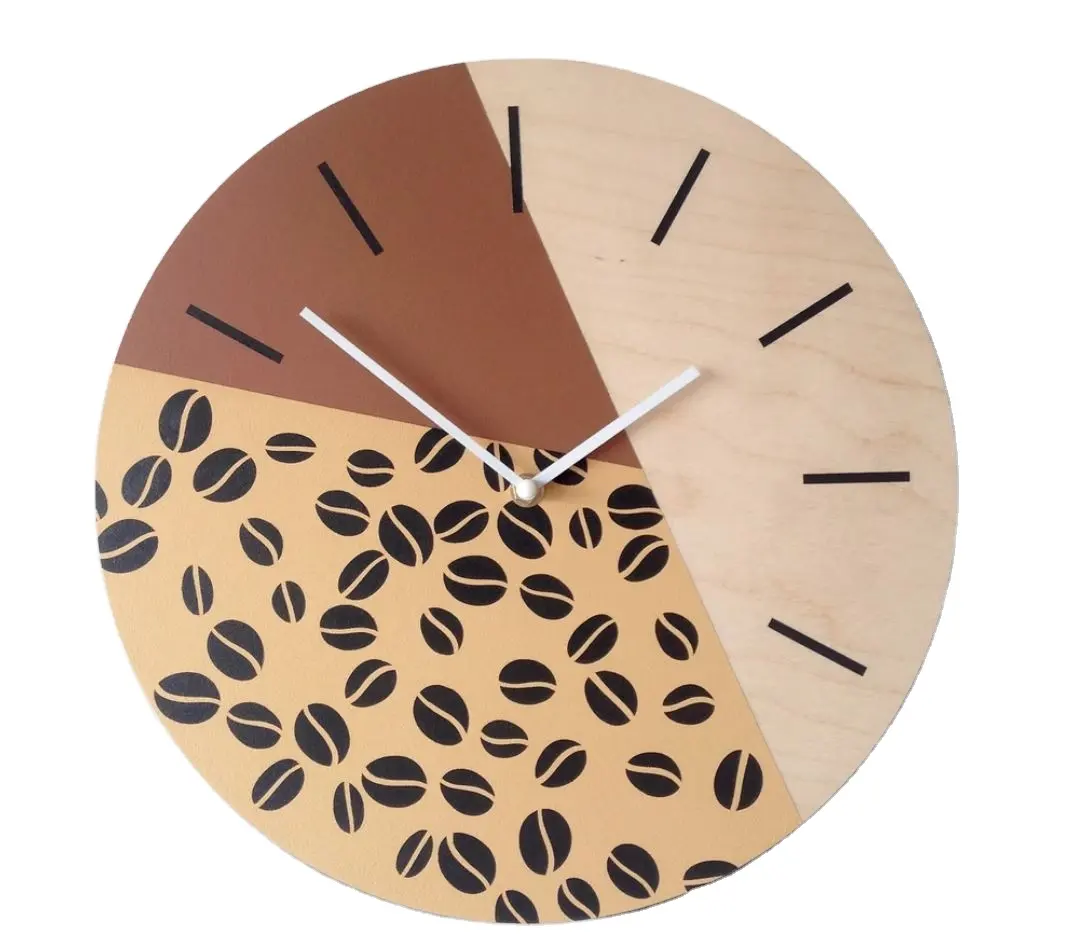 Reloj de pared de café Colores marrones y beige Granos de café arte Reloj de pared redondo Decoración geométrica con números para nuevos niños Atractivo