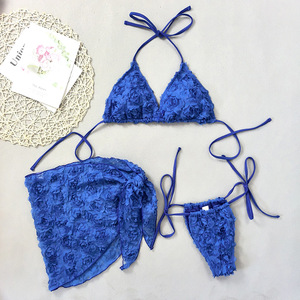 Kadın 3-Piece Set 5 renk üçgen üst ped Bikini brezilyalı arsız mayo plaj için Sarong CoverUp katı 3D çiçek desen yıkanmış - Product Image 3