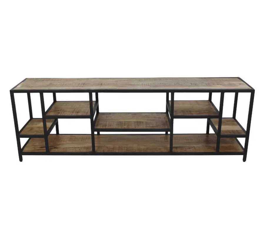 Industrial Metal & Wooden Multi Shelves Display Items Black Frame & Natural Rough Smooth Finish Mango Wood Media Console TV Unit