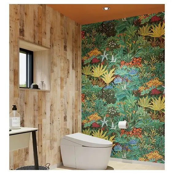 The restroom of the house creates a relaxing space with highly functional and colorful wallpaper.