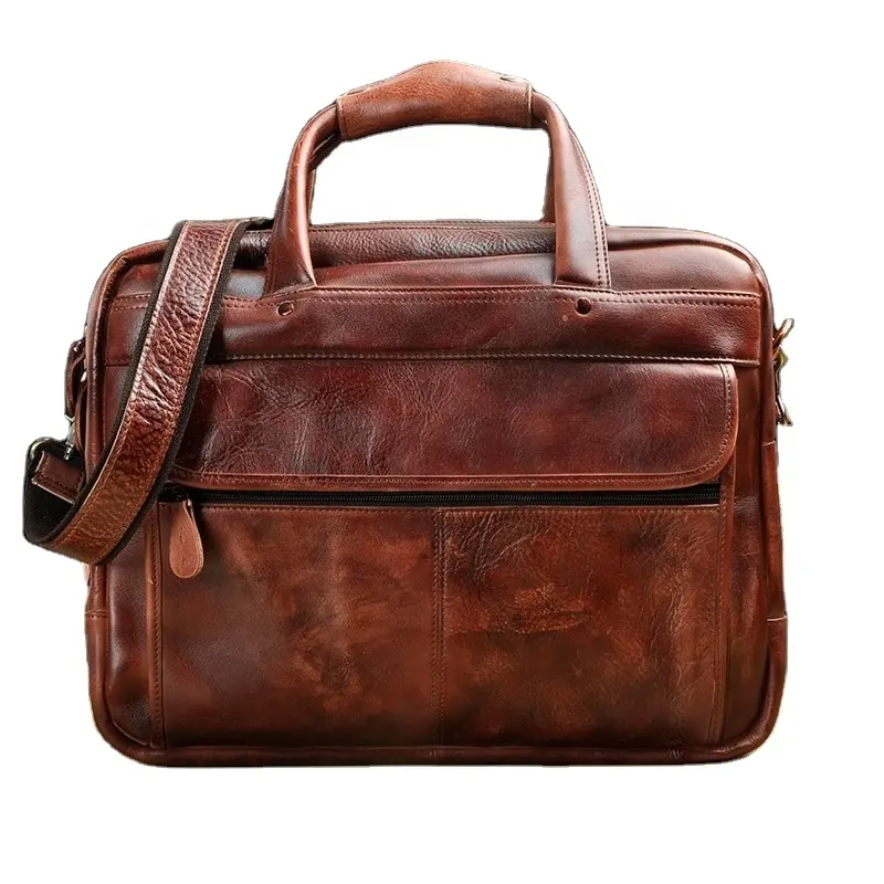Men Original Leather Antique Fashion Business Briefcase 15.6" Laptop Case Portfolio Bag One Shoulder Messenger LKU-0357