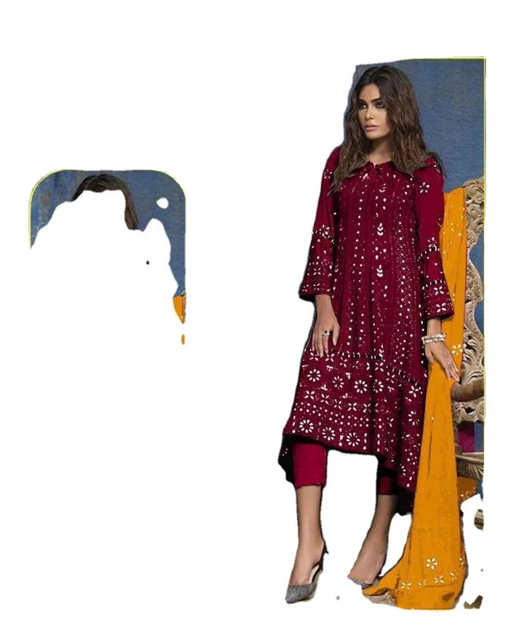 Broderie col en V design Georgette tissu Unique dernière longue Kurti avec chudiaar pour jeunes filles d'université