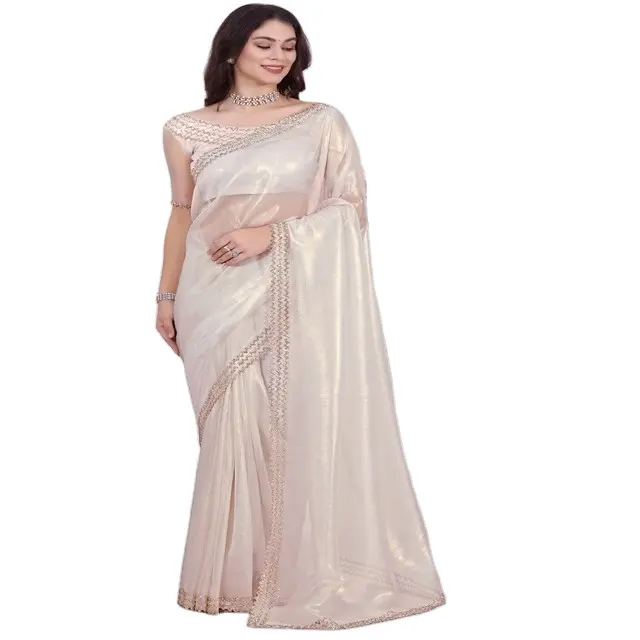 Элегантная дизайнерская непрошитая сари с сетчатым покрытием Raina и цирконием, рабочая блузка | Стильная праздничная одежда, производство сари из Индии