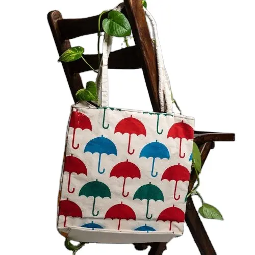 Tas belanja kanvas berat ringan dicetak desain indah warna-warni tas belanja katun organik dengan tas Tote pegangan katun panjang