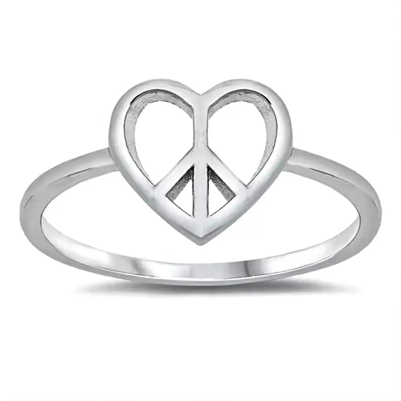 Venta al por mayor personalizada, joyería chapada en rodio, Plata de Ley 925 con forma de corazón, anillo de Paz de plata Lisa para mujer, fabricante de joyería