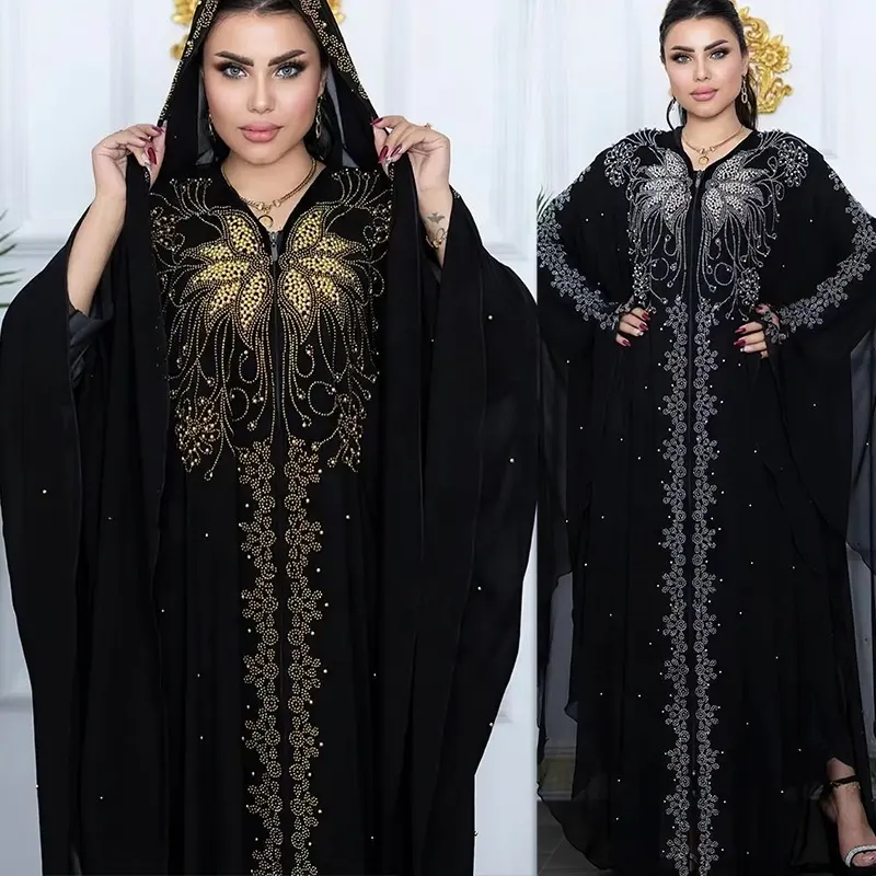 मैक्सी पोशाक महिलाओं के कपड़ों के मध्य पूर्व हुडी इस्लामिक अबाया गाउन काफ्टन पोशाक मोती चिफ्न काली महिला