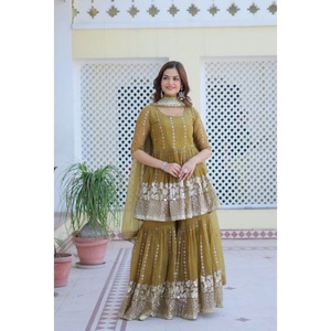 Fulpari <span class=keywords><strong>Indian</strong></span> Ethnic Party Wear Set Bestickter Sharara-Anzug mit Simmar Salwar Kameez Georgette Dupatta für besondere Anlässe