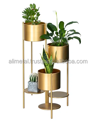 Support métallique à trois niveaux pour plantes, présentoir décoratif, Pot de plantes pour salon, étagère d'angle, avec 3 Pots de plantes dorées
