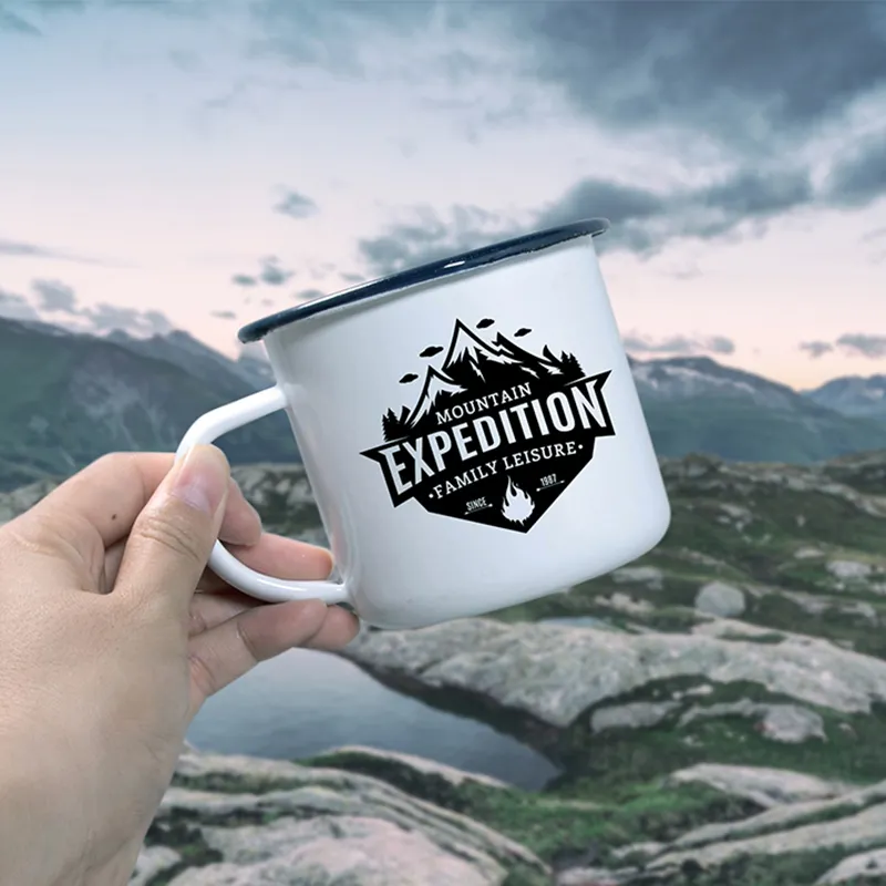 PYD Life Hotsale RTS Bulk Sublimation Benutzer definierte Camping becher Reise kaffee Emaille Tassen mit schwarzem Rand