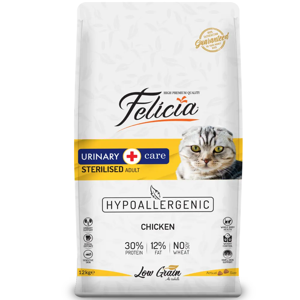 Hipoalerjenik steril düşük tahıl idrar bakım Felicia yetişkin kedi kuru gıda tavuk 12 kg