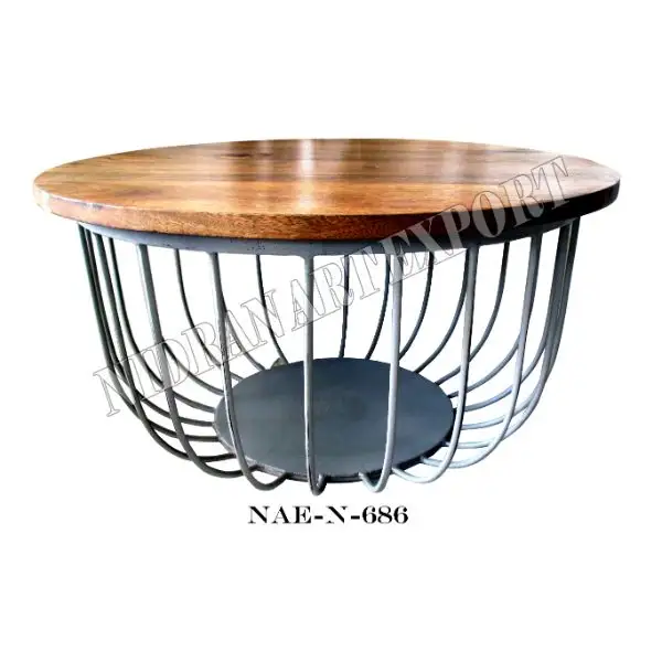 INDUSTRIAL & VINTAGE LIVING ROOM FURNITURE HOME USE IRON METAL & WOODEN ROUND PAINTED COFFEE TABLE