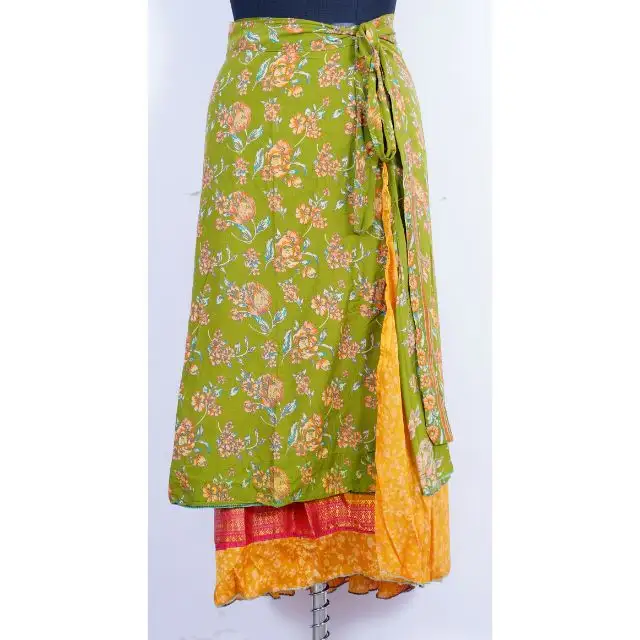 Jupe portefeuille Vintage indienne en soie, jupe réversible magique, en soie, à deux couches, style bohème, vêtements d'été pour femmes