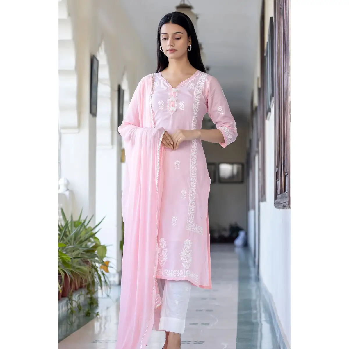 Most beautiful Cool Pink Cotton Hand Embroidered Chikankari womens Suit Set for office & wedding