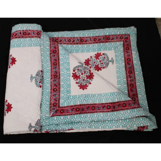 Indian Bedspread Jaipuri Rajai Quilt Handmade Cotton Floral Hand Block Printed Ethnic Bad Cover Home Decor Throw